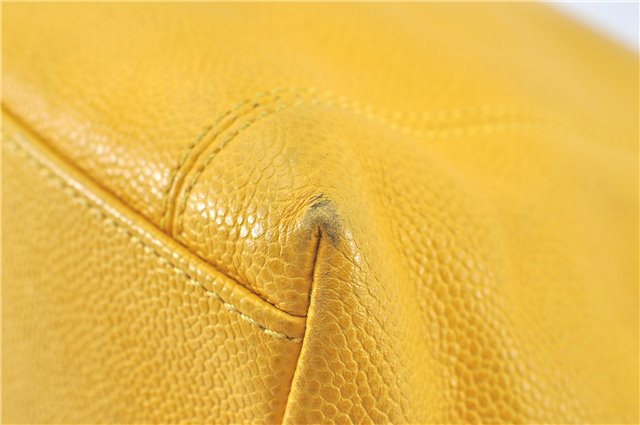 Authentic CHANEL Caviar Skin CC Logo Shoulder Tote Bag Yellow J3554