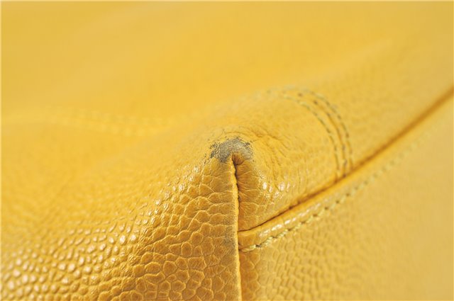 Authentic CHANEL Caviar Skin CC Logo Shoulder Tote Bag Yellow J3554