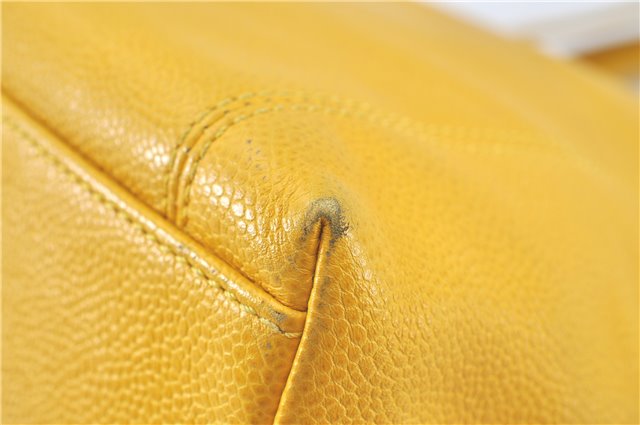 Authentic CHANEL Caviar Skin CC Logo Shoulder Tote Bag Yellow J3554