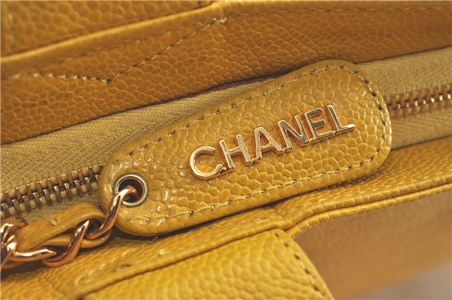 Authentic CHANEL Caviar Skin CC Logo Shoulder Tote Bag Yellow J3554