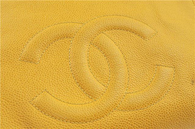 Authentic CHANEL Caviar Skin CC Logo Shoulder Tote Bag Yellow J3554
