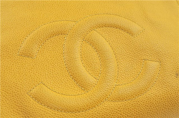 Authentic CHANEL Caviar Skin CC Logo Shoulder Tote Bag Yellow J3554