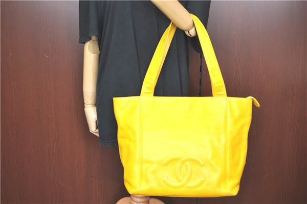 Authentic CHANEL Caviar Skin CC Logo Shoulder Tote Bag Yellow J3554