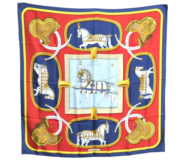 Authentic HERMES Carre 90 Scarf "GRAND APPARAT" Silk Navy Blue Gold J3557