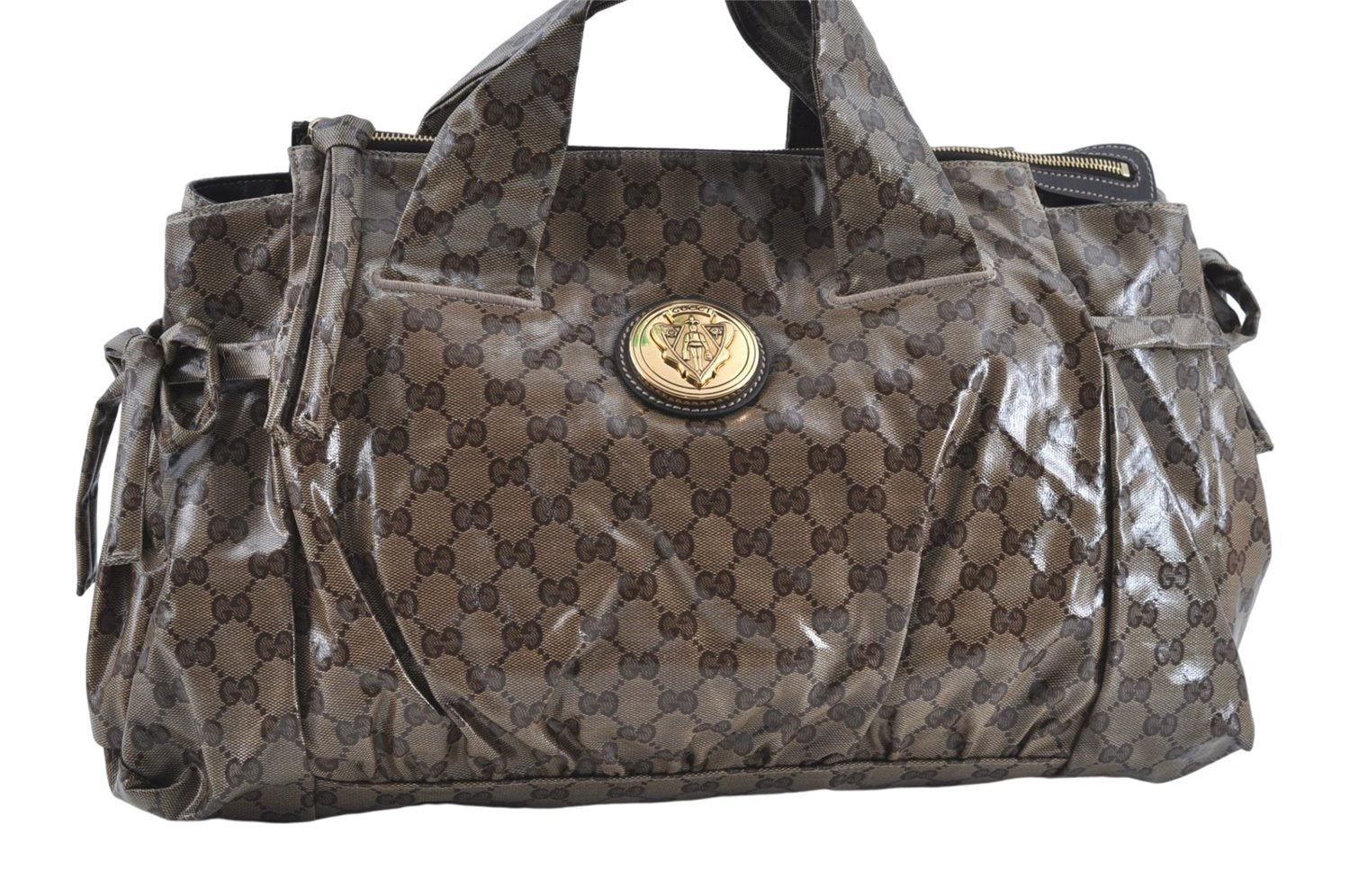 Authentic GUCCI Hysteria GG Crystal Crest Hand Boston Bag PVC 197021 Brown J3569