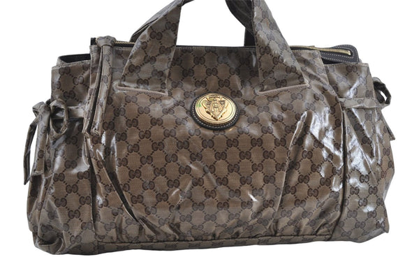 Authentic GUCCI Hysteria GG Crystal Crest Hand Boston Bag PVC 197021 Brown J3569