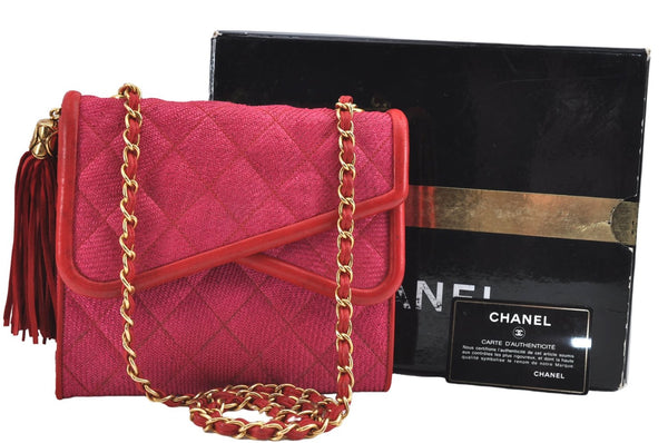 Authentic CHANEL Raffia Leather Shoulder Cross Bag Tassel Pink Red Box J3708