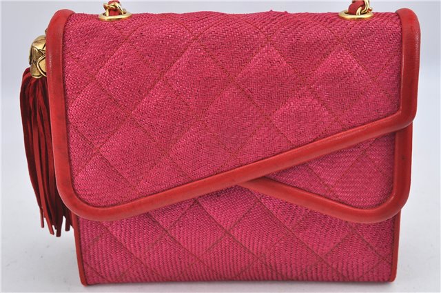Authentic CHANEL Raffia Leather Shoulder Cross Bag Tassel Pink Red Box J3708
