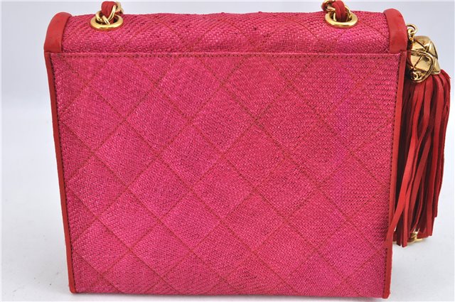 Authentic CHANEL Raffia Leather Shoulder Cross Bag Tassel Pink Red Box J3708