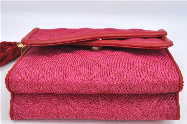 Authentic CHANEL Raffia Leather Shoulder Cross Bag Tassel Pink Red Box J3708