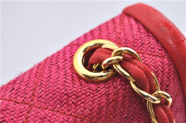 Authentic CHANEL Raffia Leather Shoulder Cross Bag Tassel Pink Red Box J3708