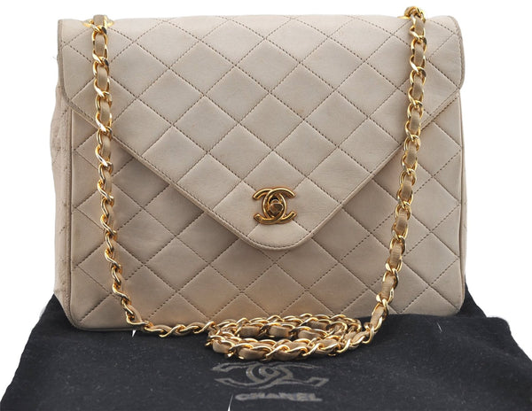 Authentic CHANEL Lamb Skin Matelasse Chain Shoulder Cross Bag Ivory CC J3712