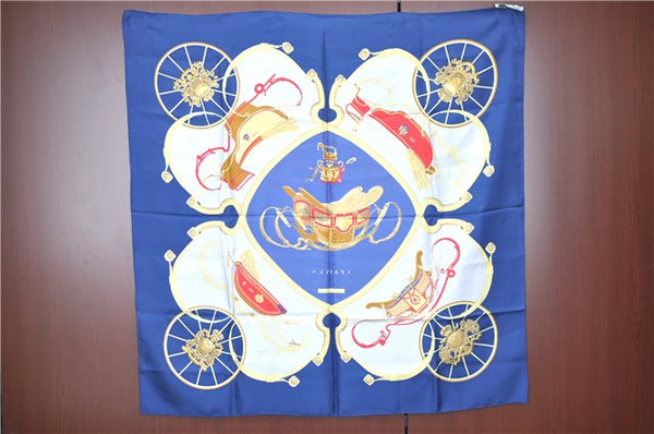 Authentic HERMES Carre 90 Scarf "SPRINGS" Silk Navy Blue J3732