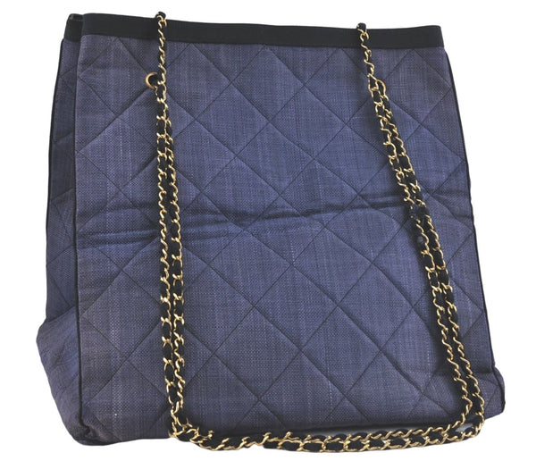 Authentic CHANEL Straw Matelasse Chain Shoulder Tote Bag Blue Purple CC J3777