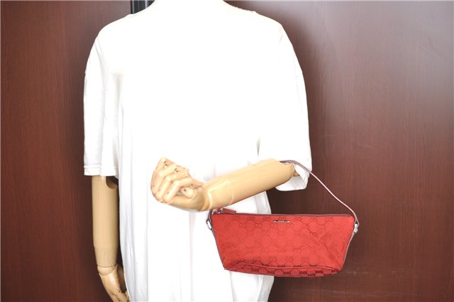 Authentic GUCCI Hand Bag Pouch Purse GG Canvas Leather 07198 Red J3842
