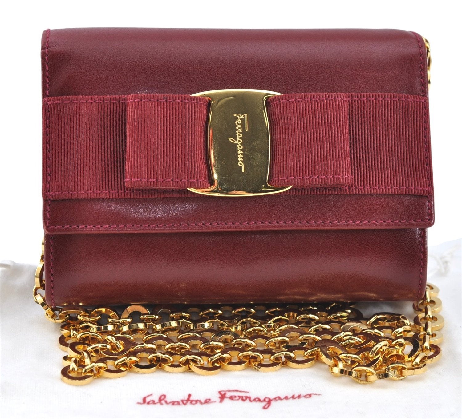Authentic Salvatore Ferragamo Vara Chain Shoulder Cross Bag Leather Red J3982