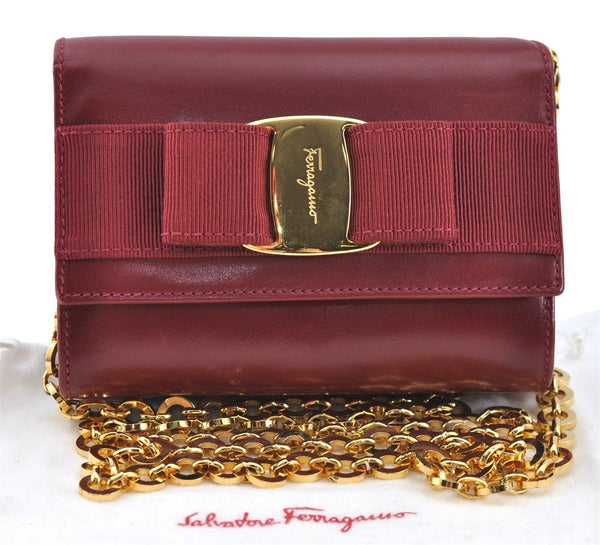 Authentic Salvatore Ferragamo Vara Chain Shoulder Cross Bag Leather Red J3982