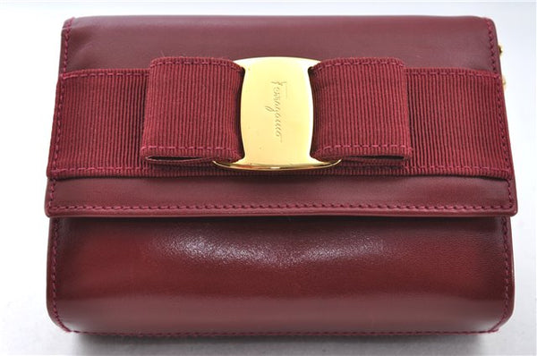 Authentic Salvatore Ferragamo Vara Chain Shoulder Cross Bag Leather Red J3982