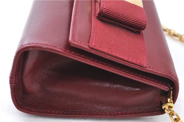 Authentic Salvatore Ferragamo Vara Chain Shoulder Cross Bag Leather Red J3982