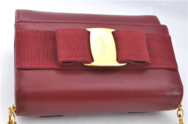 Authentic Salvatore Ferragamo Vara Chain Shoulder Cross Bag Leather Red J3982