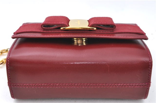 Authentic Salvatore Ferragamo Vara Chain Shoulder Cross Bag Leather Red J3982