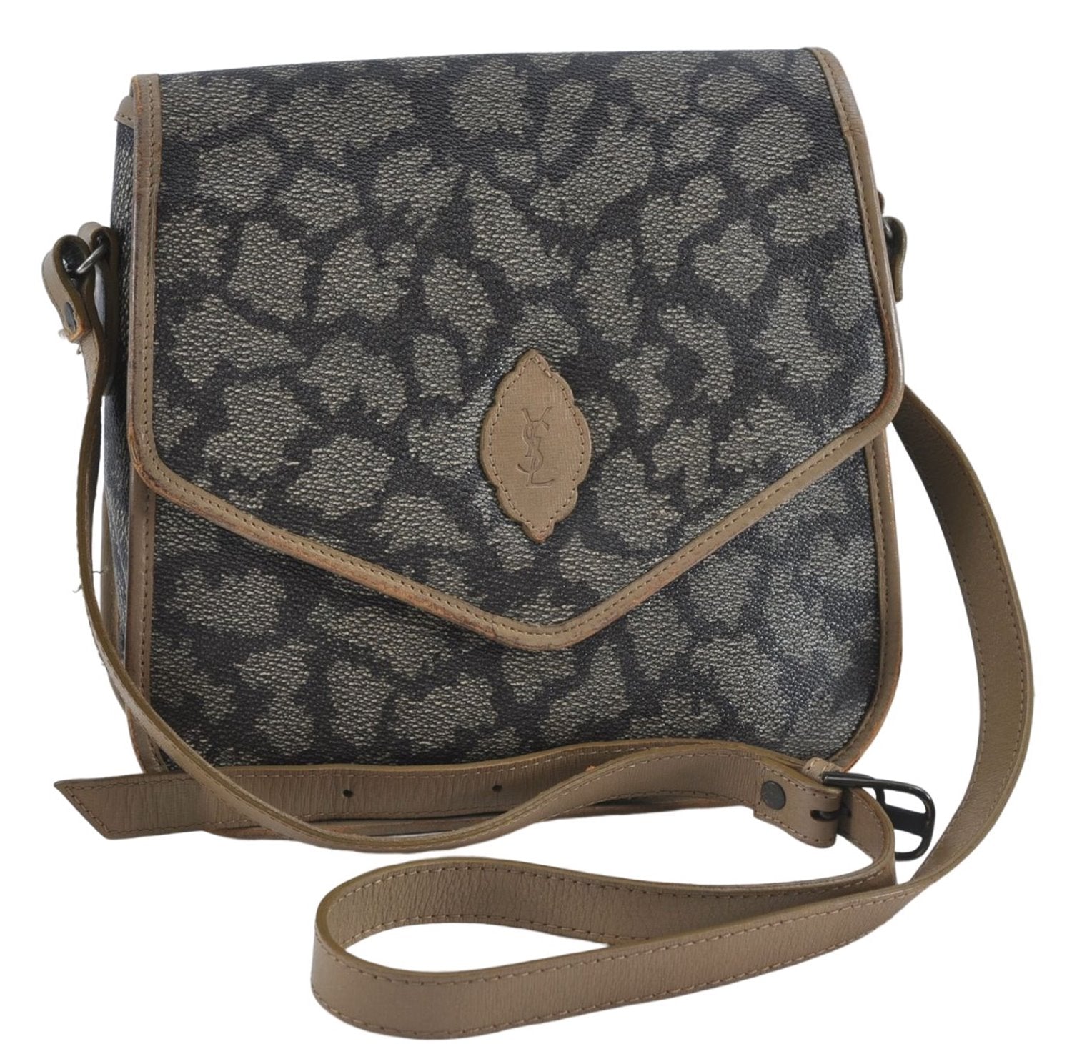Auth YVES SAINT LAURENT Shoulder Cross Bag Purse PVC Leather Brown Beige J4005