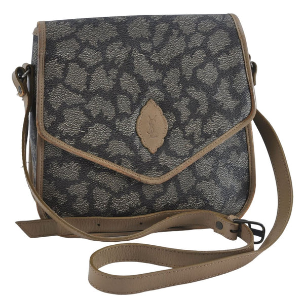 Auth YVES SAINT LAURENT Shoulder Cross Bag Purse PVC Leather Brown Beige J4005