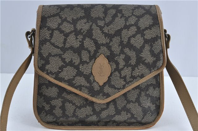 Auth YVES SAINT LAURENT Shoulder Cross Bag Purse PVC Leather Brown Beige J4005