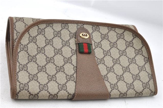 Authentic GUCCI Web Sherry Line Clutch Hand Bag Purse GG PVC Leather Brown J4054