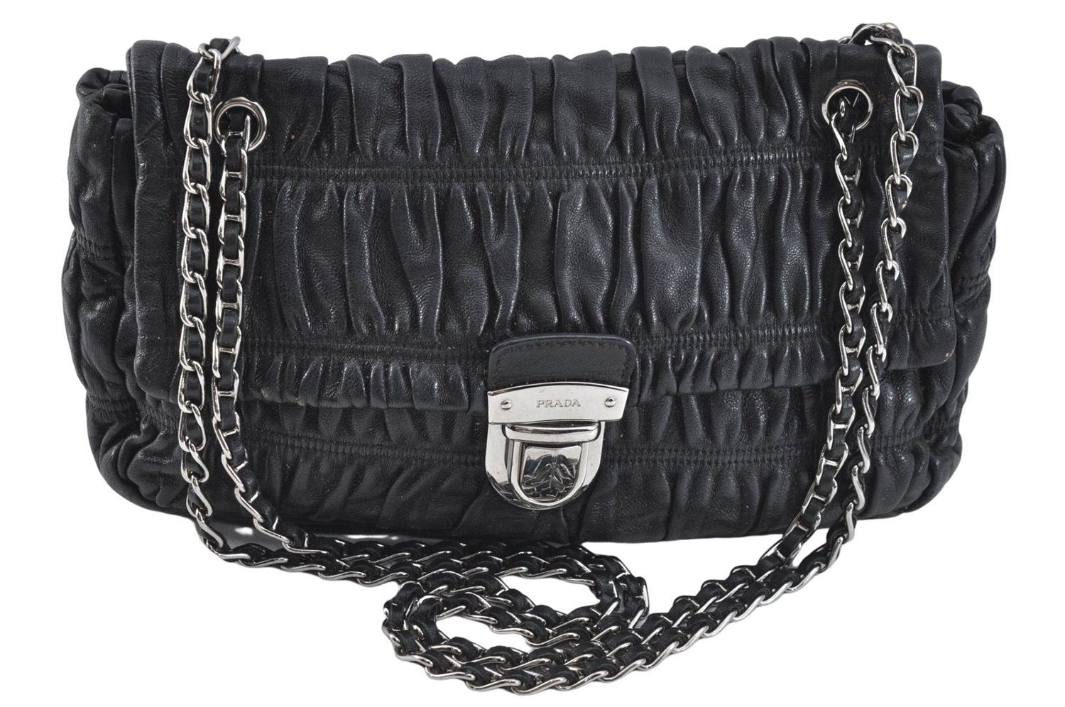 Authentic PRADA Leather Chain Shoulder Hand Bag Black Junk J4086