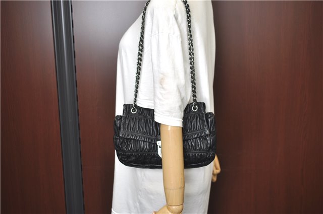 Authentic PRADA Leather Chain Shoulder Hand Bag Black Junk J4086