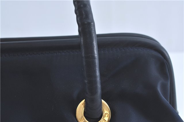 Authentic CELINE Hand Boston Bag Purse Nylon Leather Navy Blue J4117