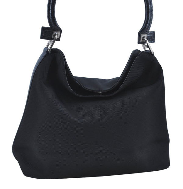 Authentic Ferragamo Nylon Leather Shoulder Hand Bag Purse Black J4142