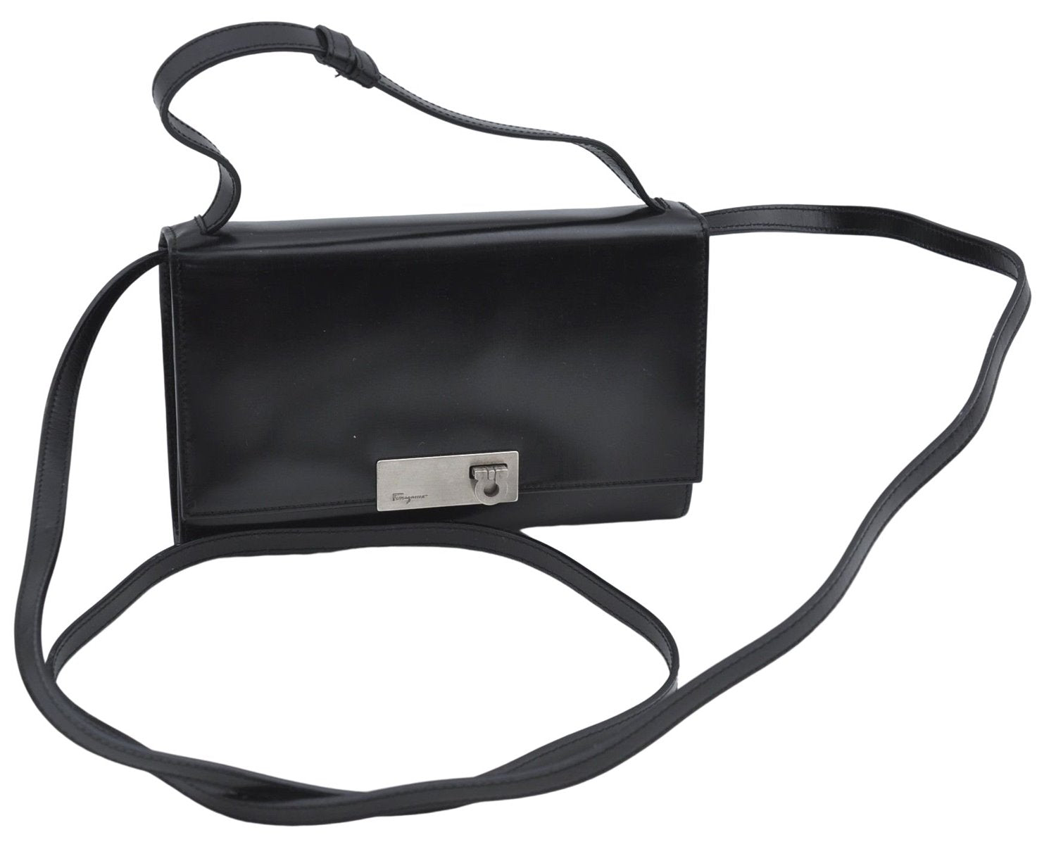 Authentic Ferragamo Gancini Leather 2Way Shoulder Hand Bag Wallet Black J4153