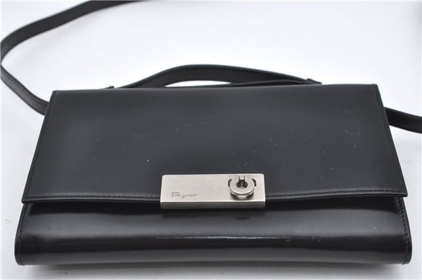 Authentic Ferragamo Gancini Leather 2Way Shoulder Hand Bag Wallet Black J4153