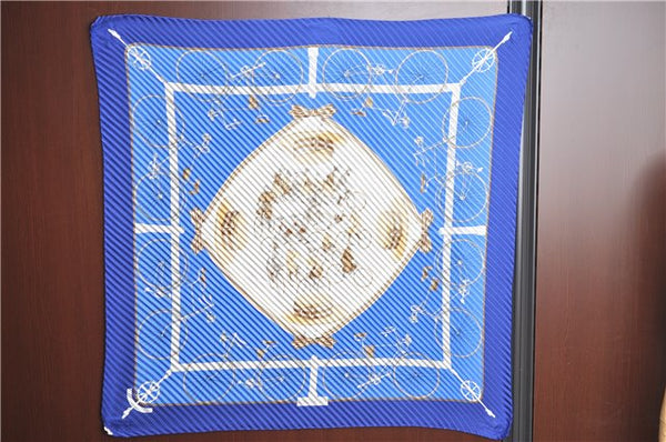 Authentic HERMES Pleats Scarf "LES BECANES" Silk Blue Box J4163