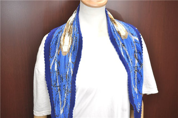 Authentic HERMES Pleats Scarf "LES BECANES" Silk Blue Box J4163