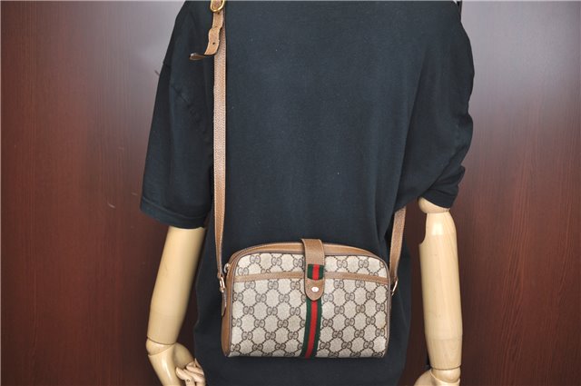 Auth GUCCI Web Sherry Line Shoulder Cross Body Bag GG PVC Leather Brown J4176