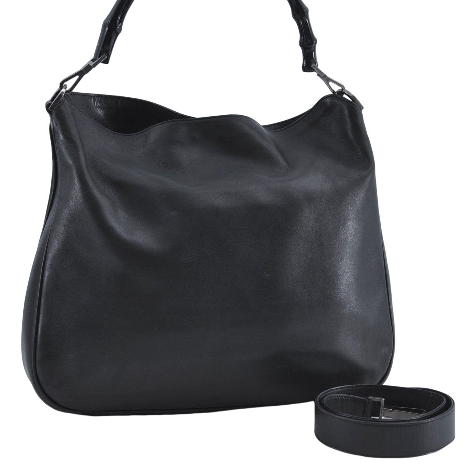 Authentic GUCCI Bamboo 2Way Shoulder Cross Body Bag Leather 0011577 Black J4186