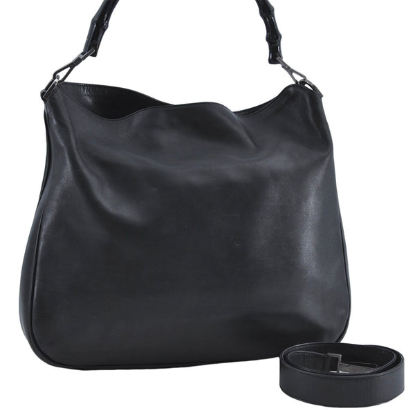 Authentic GUCCI Bamboo 2Way Shoulder Cross Body Bag Leather 0011577 Black J4186