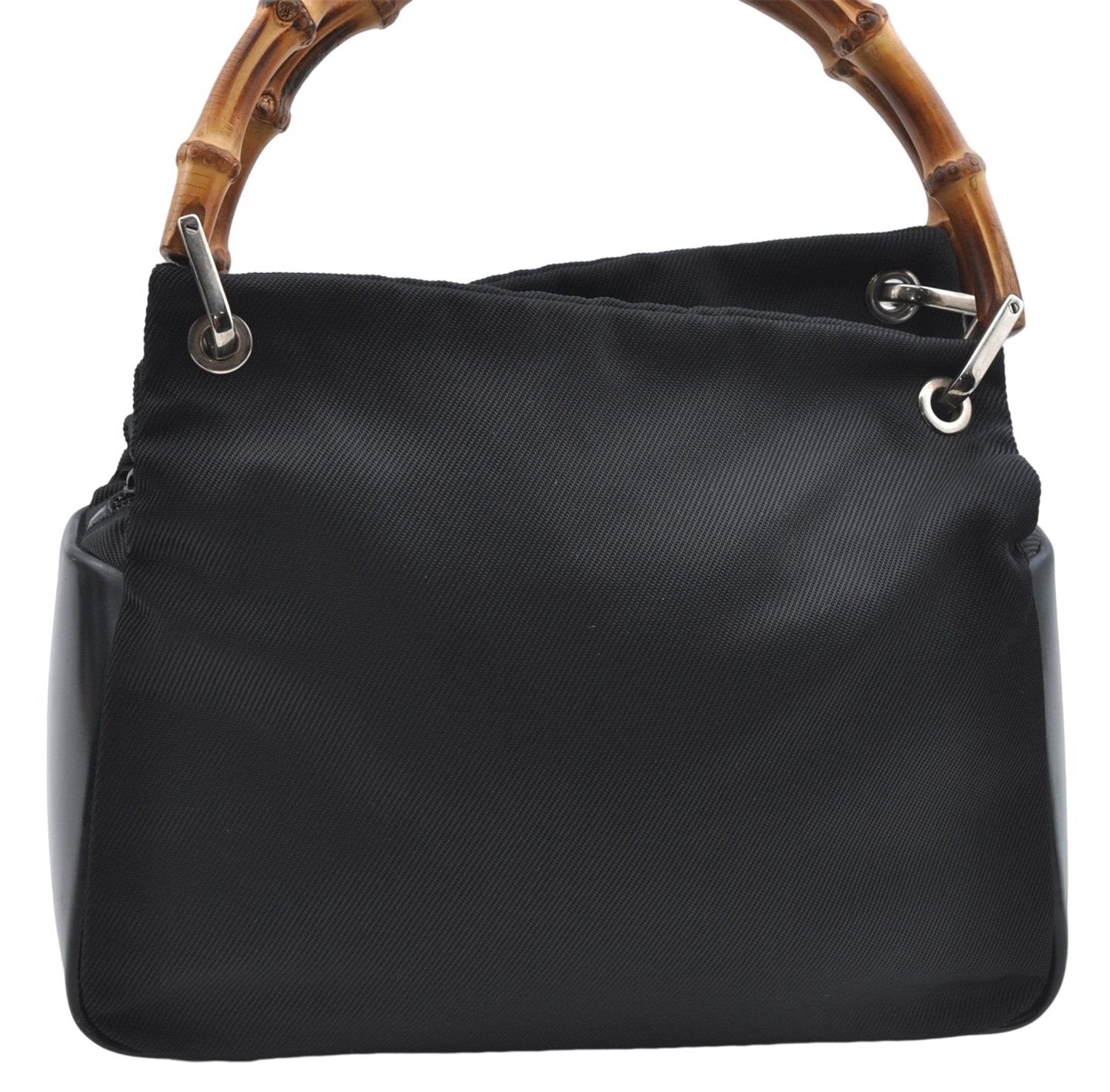 Authentic GUCCI Bamboo Hand Shoulder Bag Purse Nylon Leather Black J4188