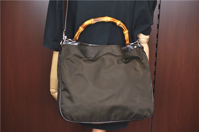 Authentic GUCCI Bamboo 2Way Hand Shoulder Bag Nylon Leather Brown J4189