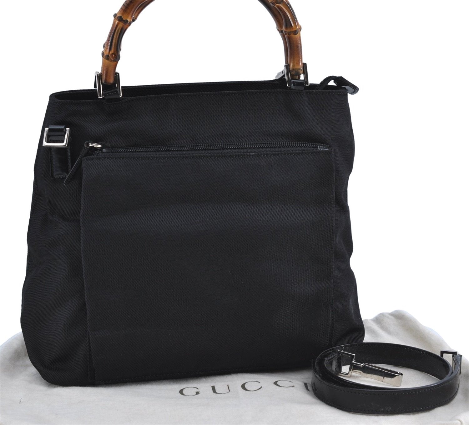 Authentic GUCCI Bamboo 2Way Shoulder Hand Bag Purse Nylon Leather Black J4197