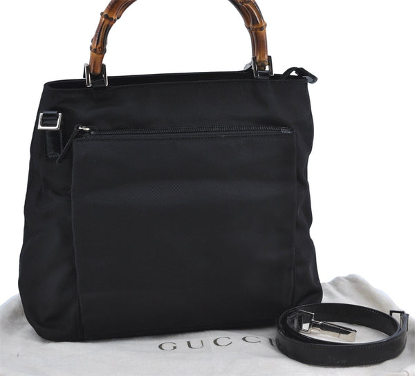 Authentic GUCCI Bamboo 2Way Shoulder Hand Bag Purse Nylon Leather Black J4197