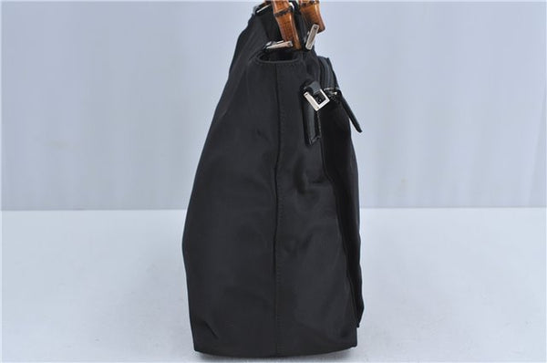 Authentic GUCCI Bamboo 2Way Shoulder Hand Bag Purse Nylon Leather Black J4197