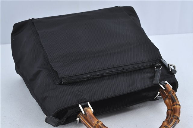 Authentic GUCCI Bamboo 2Way Shoulder Hand Bag Purse Nylon Leather Black J4197