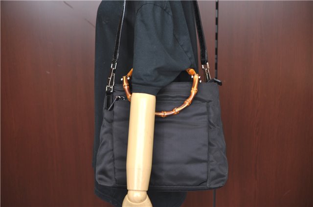 Authentic GUCCI Bamboo 2Way Shoulder Hand Bag Purse Nylon Leather Black J4197