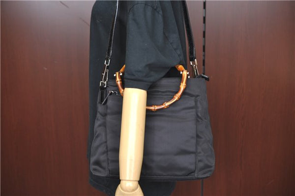 Authentic GUCCI Bamboo 2Way Shoulder Hand Bag Purse Nylon Leather Black J4197