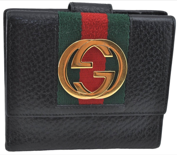 Authentic GUCCI Web Sherry Line Double G Bifold Wallet Purse Leather Black J4246