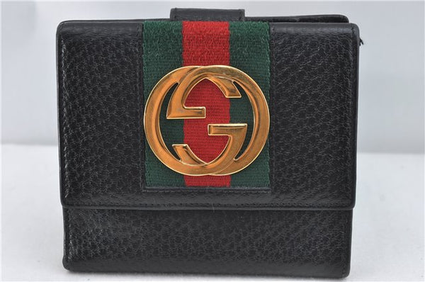 Authentic GUCCI Web Sherry Line Double G Bifold Wallet Purse Leather Black J4246